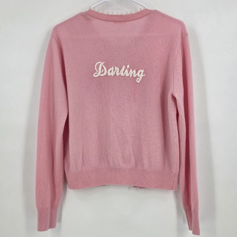 MINNIE ROSE CASHMERE PEARL DARLING CARDIGAN WOMENS SMALL PINK WHITE STITCH SOFT